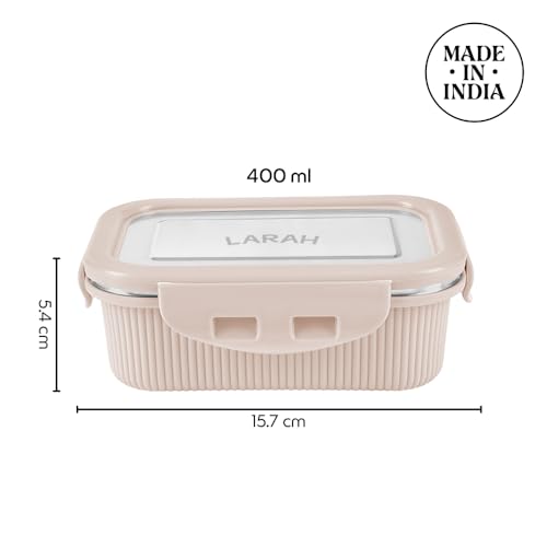 Image of Larah by BOROSIL Freshbyte Food Storage Container with Airtight Stainless Steel Lid | Fridge Container for Lunchbox | Food Grade | Microwave Safe (Beige, 400 ml, Rectangular)