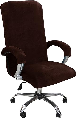 Velvet Office Chair Cover Stretch Computer Desk Chair Slipcover High Back Computer Office Chair Cover with Arm Covers Universal Boss Swivel Chair Covers Rotating Chair Slipcover (Brown, Medium)