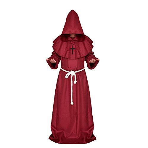 Men's Friar Medieval Hooded Monk Priest Tunic Robe Halloween Cosplay Cloak Costume (Red XL)