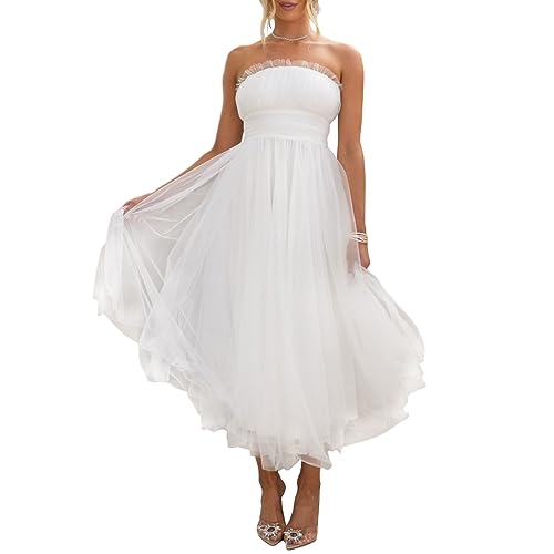 Felcia Damen Trägerloses Bodycon Tüllkleid Ärmellos Rückenfrei Lang Ballkleid Elegant Cocktail Party Hochzeit A Linie Kleid, A-weiß, L