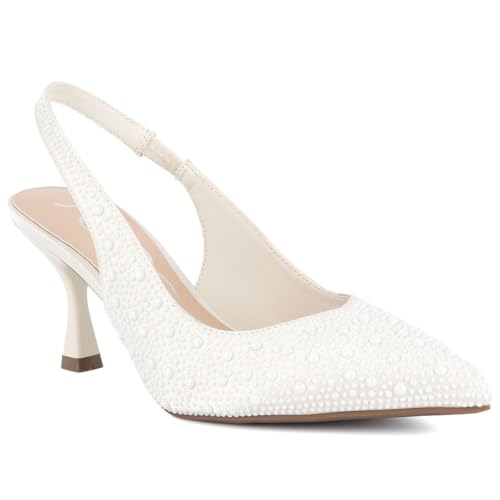 Sugar Women’s Slingback Kitten Heels – Pointed Toe Dress Shoes with Pearl or Bow Detail, Low Heels for Parties, Weddings, or Evening Wear, Ivory, 5.5 UK