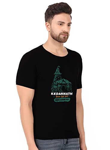 Image of Prabhubhakti Devotional Text Graphic Printed Tshirts | Kedarnath Image Printed Tshirts for Men | Cotton Blend Round Neck Half Sleeve Black T-Shirt for Men | Boys Trendy Mahadev Tshirts