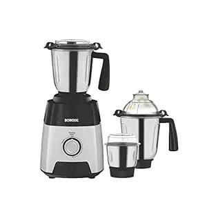 Borosil Silverline Mixer Grinder, For Wet/Dry Mixing & Grinding, 750 Watts, 3 stainless steel Jars (400 ml Chutney Jar, 1.5 L Blending Jar, 1.2 L Dry/Wet Grinding Jar), Mixie For Kitchen,