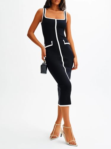 Saodimallsu Womens Summer Sleeveless Midi Dress Square Neck Knit Cocktail Bodycon Color Block Tank Dresses3