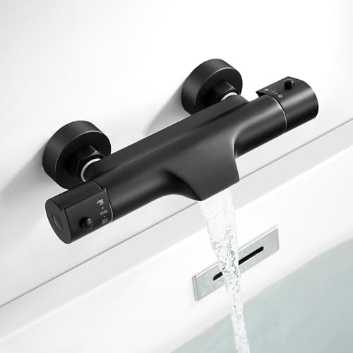 ROWINNAO Mitigeur Thermostatique Bain Douche Bec Cascade Noir, Mitigeur Baignoire Thermostatique en Laiton avec Bouton de Sécurité à 38℃, Mural Robinet de...