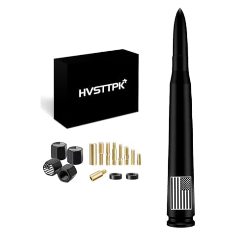 America Flag Car Bullet Antenna with Valve Stem Caps for GM Silverado 1500 2500 3500 HD Avalanche Ford F Series F150 F250 GMC Sierra 1500 2500 3500 Denali Heavy Truck Accessories (Black)- 7inch Cover