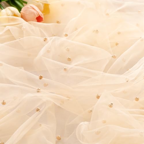 Image of MLMC Champagne Pearl Table Runner Boho Rustic Tulle Table Runner with Pearls 10ft 29 inchx120 inch Cheesecloth Table Decor for Wedding Bridal Shower Anniversary Home Decoration