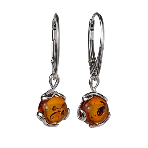 Amber Earrings - GIA Certified 925 Baltic Honey Amber Earrings, French Leverback Round Dangling Earrings - Sterling Silver Jewelry Collection