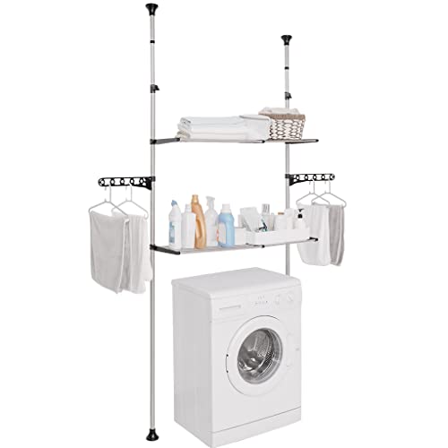 Verstellbares Teleskop-Badregal – 2-stöckiges Metallregal für über der Toilette, Boden-zu-Deckenregal mit Aufhängerhaken