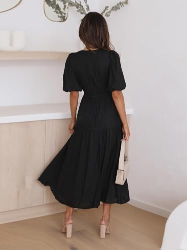 MessBebe Maxi Dress Puffy Sleeve V Neck High Waist A-Line Flowy Wrap Sun Wedding Guest Long Dresses for Women4