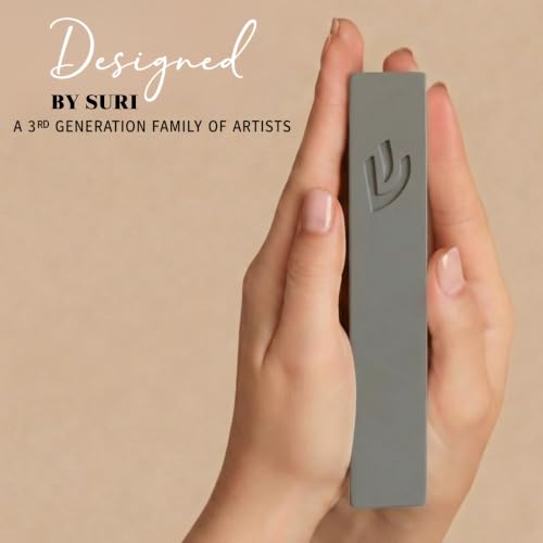 Image of SURI Mezuzah for Door - 6 Inch Light Gray Concrete Mezuzah Case with Non Kosher Scroll, Self-Stick Jewish Entry Design, Fits a 5 Inch Scroll, Gift Box Included