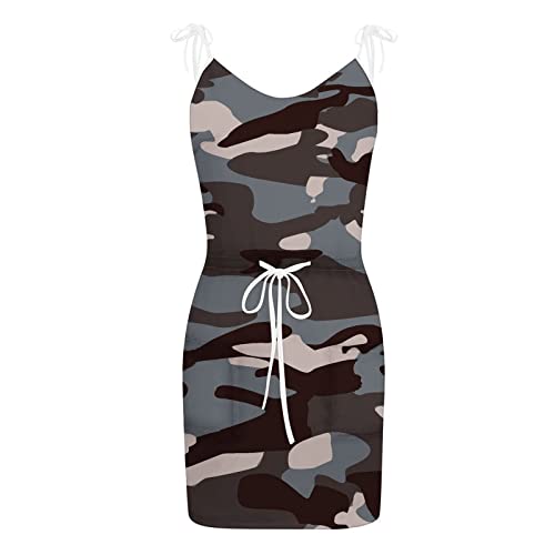 Mobctg Drawstring Dress For Women, Women's Summer Sleeveless Loose Bandage Striped Sling Dress Pocket V Neck Tank Dress Midi Dresses Tie Shoulder Striped Color Block Cami Dress With (S, Camouflage) #TOP2