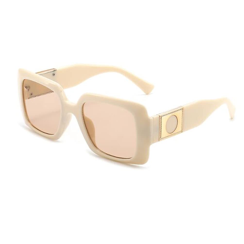 Womens UV Anti-UV Sunglasses with Metal Hinged Square Big Frame Sunglasses Rice White Frame Tansparent Tea Flakes