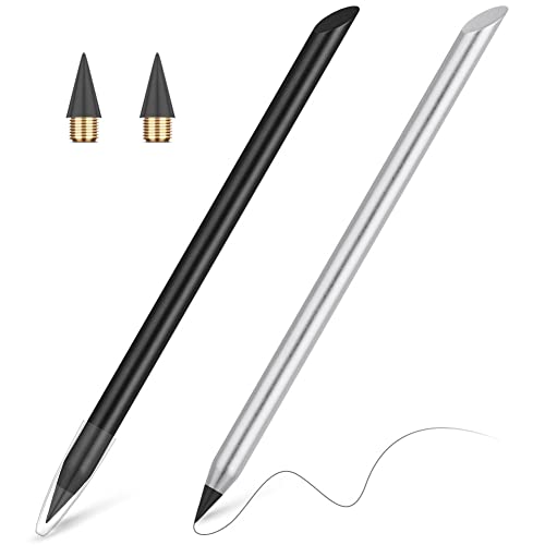 AUAUY 2 PCS Metal Inkless Pencil, Infinity Pencil, Reusable Everlasting Pencil, Replaceable Nib Pencil with 2 Replaceable Nib for Writing Drawing Students Home Office School Supplies（Black & Silver）