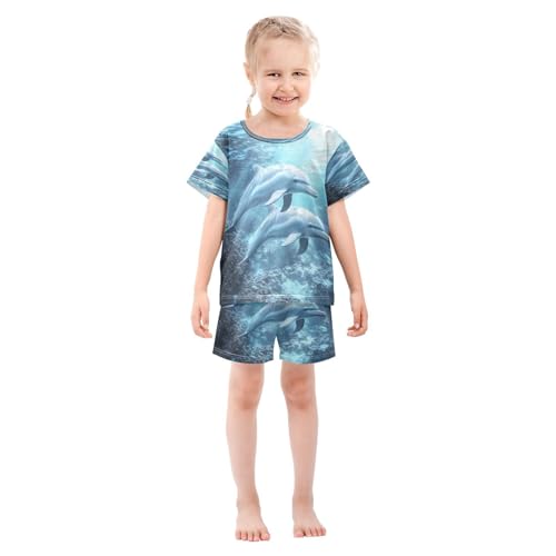 ALAZA Dolphin Ocean Blue Pajamas Set Short Sleeve Cotton Sleepwear Summer Pjs 2 Piece 5-14Y3
