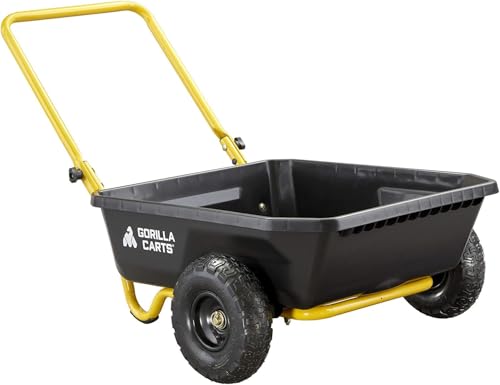 "Gorilla Carts GCR-4 4 Cu. Ft Poly Yard Cart, 300-pound Capacity, Garden Cart with 30in x 24in impact-resistant poly bed and 10in pneumatic tires, Black/Yellow"