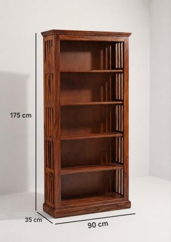 Image of Solid Sheesham Wood Bookshelf with Wooden Fanti Design and 5 Shelf Open | Wooden Bookcase Storage Rack for Living Room, Study Room & Office -Honey Finish