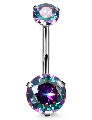 REVOLIA 14G G23 Solid Titanium Belly Button Rings for Women Round CZ Hypoallergenic Belly Rings for Sensitive Skin Belly Rings Barbell Navel Rings Belly Piercing Jewelry 6-16MM Rainbow Bar Length 8MM