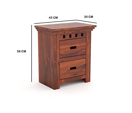 Image of WOODLAB Solid Sheesham Wood Bedside End Table with 2 Drawer Storage for Bedroom Wooden Nightstand Table Home Office (Kuber Honey Finish)