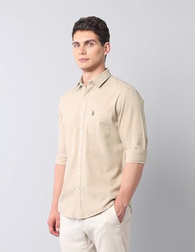 Image of U.S. Polo ASSN. Solid Slim Fit Shirts for Men - 100% Cotton, Full Sleeve Mens Casual Shirts