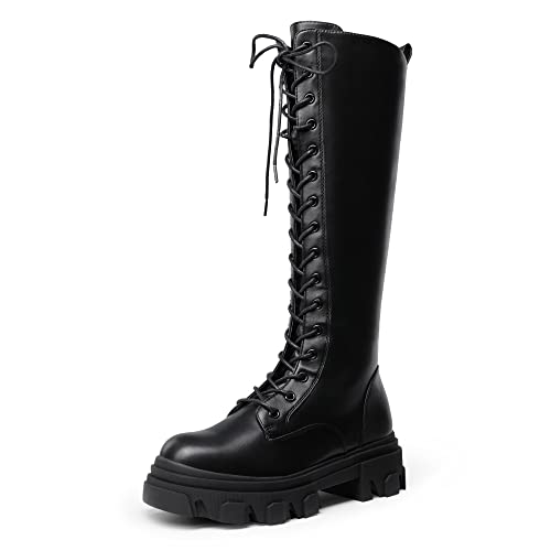 DREAM PAIRS Knee High Boots Women, Fashion Combat Boots Chunky Platform Lace Up Lug Sole Boots For Women 7 Black/Pu