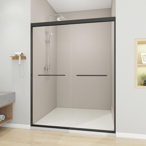 Image of Zevemomo 56 inch-60 inch W x 72 inch H Double Sliding Shower Door, Glass Shower Doors with 1 /4 inch (6mm) Clear Tempered Glass, Double Sliding Silent Soft-Close Shatterproof Door, Stainless Steel Handle, Black