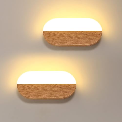 Pheashine Lot de 2 Appliques Murales Bois LED Lampe Murale Moderne 7W Luminaire Murale Éclairage Intérieur pour Salon, Chambre, Couloir