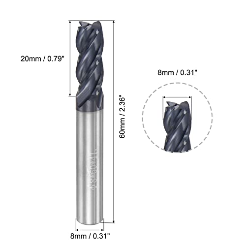 Image of uxcell Square Nose End Mill, 8mm Tip Dia Solid Carbide AlTiN Coated CNC Router Bits 4 Flute Spiral Milling Cutter HRC45 with 8mm Shank 60mm (2.36-inch) Length