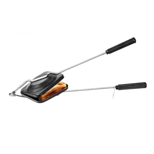 Image of Double Sided Sandwich Grill Pan | Non-Stick Toast Maker Aluminium Stovetop Toaster Gas Stove Flip for Bread Snacks Heat Resistant Handle Black (Pop-up Toaster)