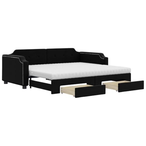vidaXL Tagesbett, Ausziehbar Schlafsofa mit Schubladen Matratzen, Bettsofa Gästebett für Schlafzimmer Wohnzimmer, Sofa Bett Ausziehbett, Schwarz 100x200 cm Stoff