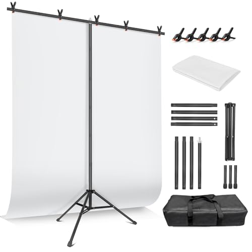 White Backdrop with Stand for Photoshoot, 5X6.5ft White Photo Backdrop with T Shape Background Backdrop Stand for Photography, Portable Photo Backdrop Curtain Stand Kit w Carrying Bag 5 Spring Clamps