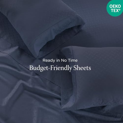 Image of Threadmill 300 Thread Count Cotton King Sheet Set, Sateen, Jacquard, Blue | 100% Cotton, Sateen Weave, Jacquard Pattern, 4-Piece Set, 16 inch Deep Pocket, Breathable, All-Season, Lightweight