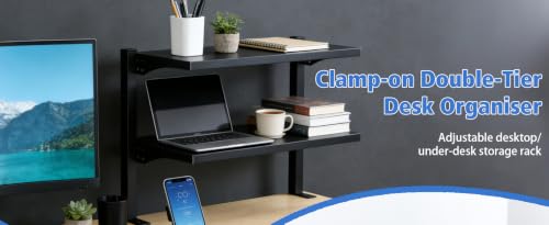 Image of 2-Tier Clamp-On Desk Shelf Organizer, Steel 16 in Shelf, Large | Heavy Duty, Expandable Above /Under Desk Storage Shelves, Desktop Extender Accessories for Office Study Room