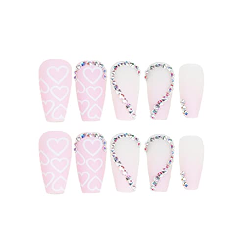Kamize Pink Fake Nails Long Coffin Press On Nails Full Cover Acrylic Rhinestones False Heart Nails For Women And Girls 24Pcs #TOP1