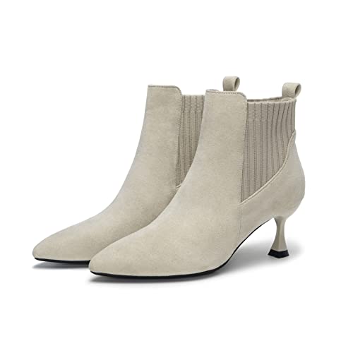 Youngshow Womens Booties And Ankle Boots Low Heel Tan Booties For Women Pointed Toe Stiletto Heels Boots Comfortable Heeled Boots For Women Kitten Heel Slip-On Sock Booties Beige #TOP1