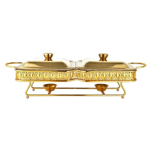 Calefacción buffet – Juego de buffet de hot pot buffet, set de calefacción plegable y buffet, olla de comida, olla de agua, estante de combustible y tapa para eventos de catering (dorado)