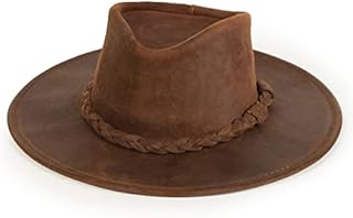 Minnetonka Outback Hat - Flat Brimmed Cowboy Hat for Men and Women Made with Distressed Ruff Leather, Hidden Steel Wire in Brim, and Subtle Leather-Braided Accent, X-Large-Brown