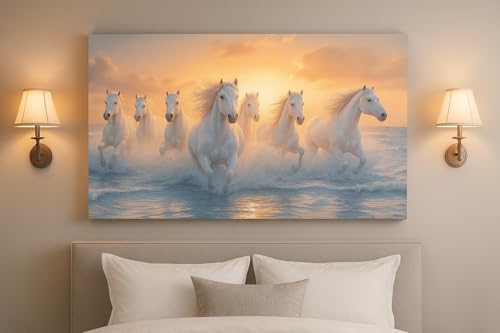 Image of 7 Horse Vastu Sunrise Canvas Painting | Positive Energy Wall Decor | Big Size Premium Running Horses Artwork for Home, Office & Hall Decoration (Modern, Water Pink Horse, 26x18 Inch)
