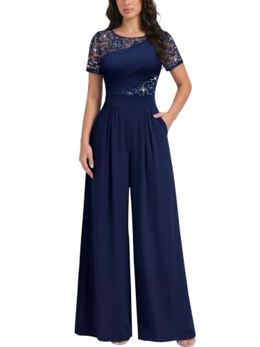 Miusol Women's Elegant Sequin Lace Wide Leg Formal Jumpsuit With Pockets
