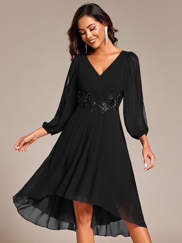 Ever-Pretty Women’s Chiffon Lantern Long Sleeves Pleated Appliqued Empire Waist Midi Length Semi Formal Dresses 029264