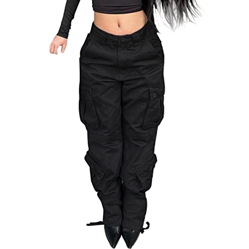 XUETON Baggy Cargo Pants for Women Teen Girls High Waist Straight Wide Leg Jeans Y2K Fashion Cargo Jeans E-Girl Streetwear(Black,Large)