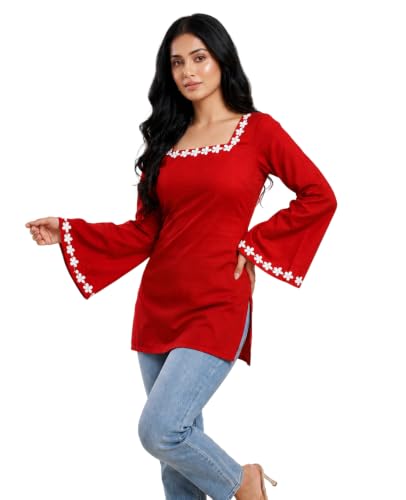 Image of MAHIRA'S Comfort Women's Short Kurti, Rayon Tunic Top with 3 /4 Embroidered Designer Sleeves | Soft Breathable Fabric | Office & Casual Kurti for Jeans, Leggings & Trousers