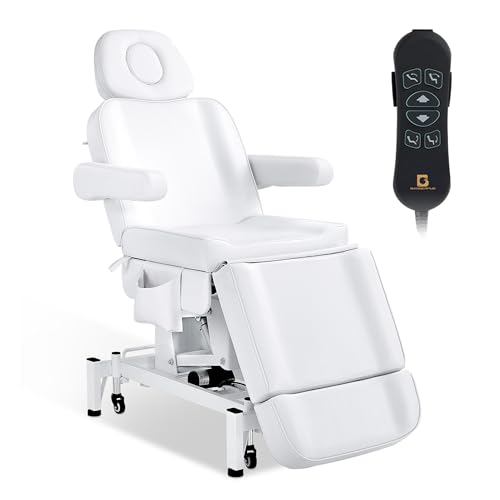 BarberPub Camilla de estética eléctrica con 3 Motores, Camilla de Masaje Plegable y Ajustable 18 cm, reposabrazos giratorios a 180°, para salón de SPA 0754 (Blanco)