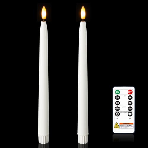 Image of Homemory 11 inches Waxy Flameless Taper Candles with Remote Timer Dimmer, 2 Pcs Battery Operated Taper Candles with Flickering Flame, White LED Candlesticks for Wedding, Christmas Indoor Decoration