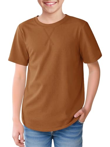 Boys Short Sleeve Tshirts Soft Summer Tops Trendy Cross Stitch Crewneck Tees with Curved Hem Top for Ages 5-14 Brown