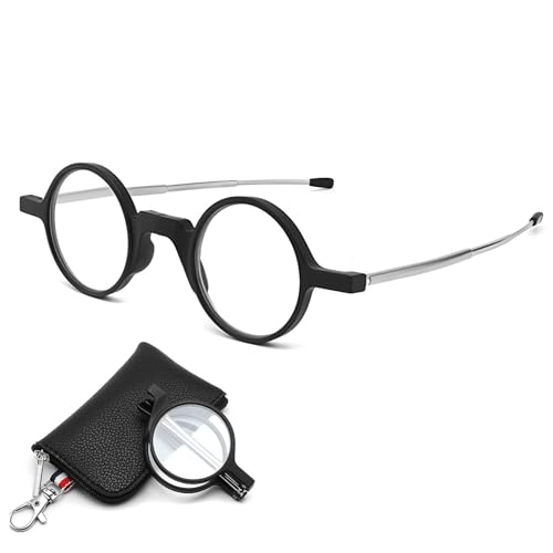Folding Round Frame Reading Glasses, with Keychain, Portable Mini Reading Glasses, Compact Pocket Blue Light Blocking Reading Glasses for Men and Women(+1.5)
