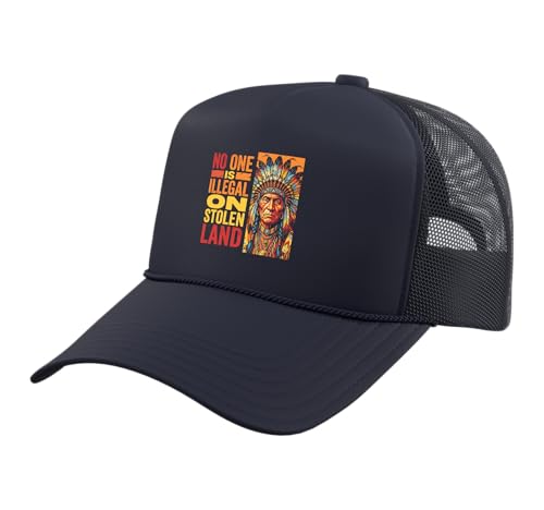 No One is Illegal On Stolen Land Native American Heritage Trucker Hat with Adjustable Mesh Back, Navy Blue