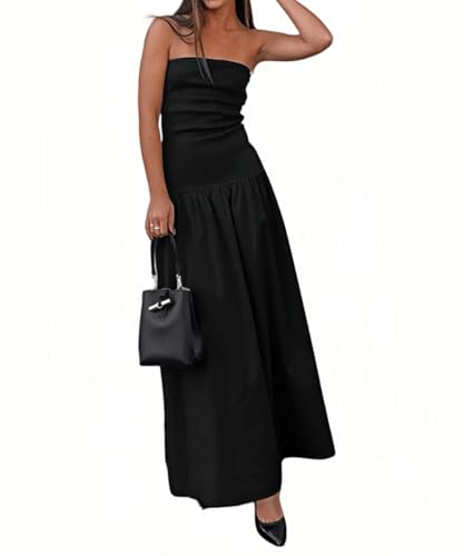 YOXUA Women's Summer Strapless Sleeveless Patchwork A-Line Tube Long Maxi Dress Off Shoulder Beach Maxi Dress Black