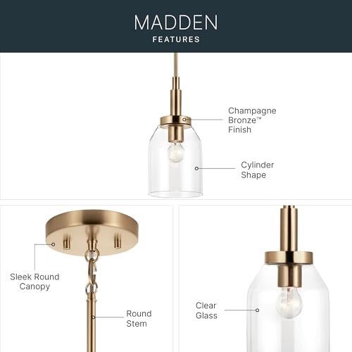 Kichler Madden 1-Light Mini Pendant Light Fixture with Clear Glass Shade in Champagne Bronze, Sloped Ceiling Compatible for Kitchen Island Hanging Lighting (15" x 7 "), 52725CPZ - Image 6