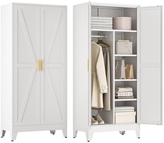 XIOMIOHTRQ Metal Wardrobe Closet Hanging Rod 71" Tall, Heavy Duty Steel Armoire Wardrobe Cabinet, Clothing Storage Cabinet for Bedroom, Office, Laundry Room, 4 Shelves, White